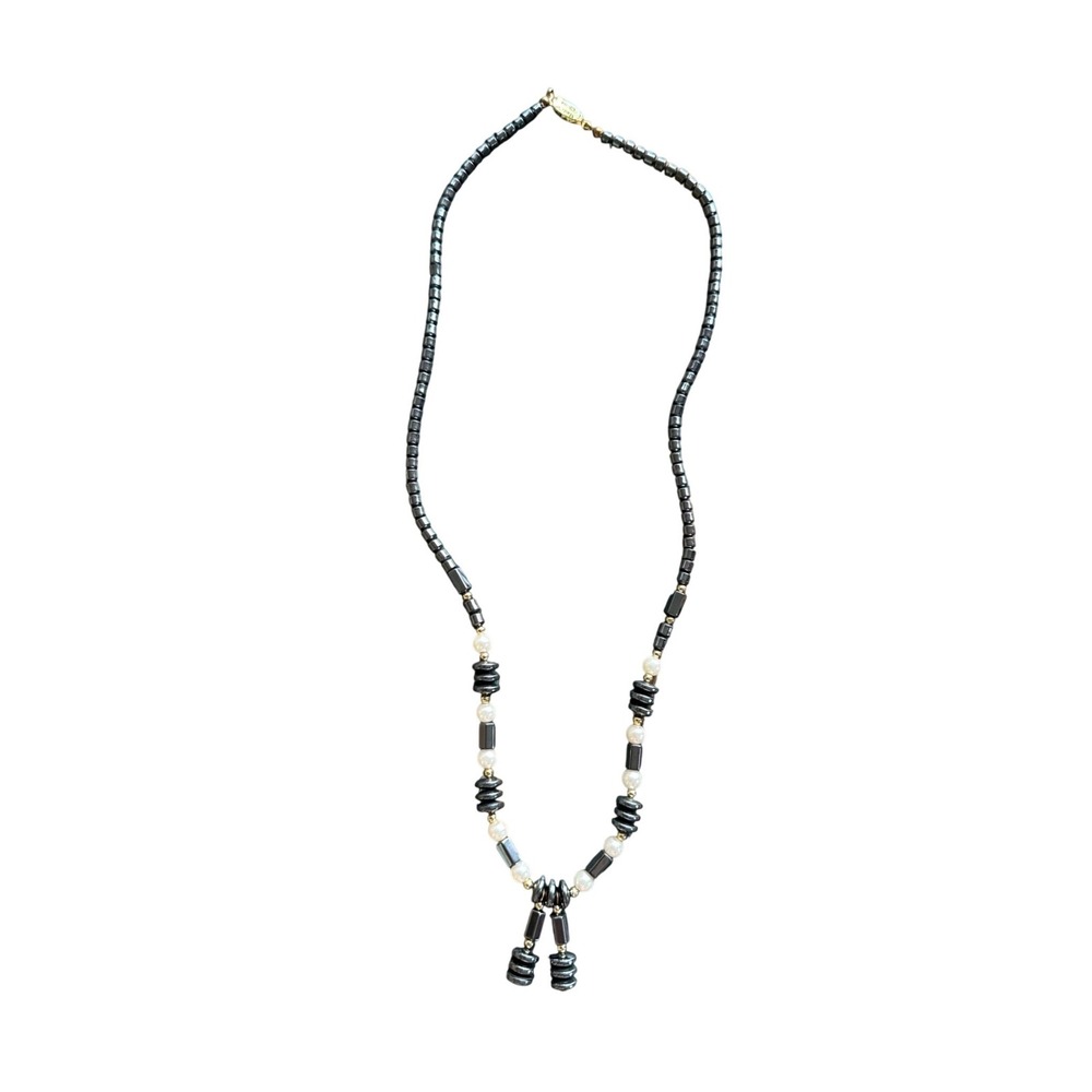 Vintage Hematite and Faux Pearl Beaded Necklace Gunmetal Gold Tone Y-Drop 18"